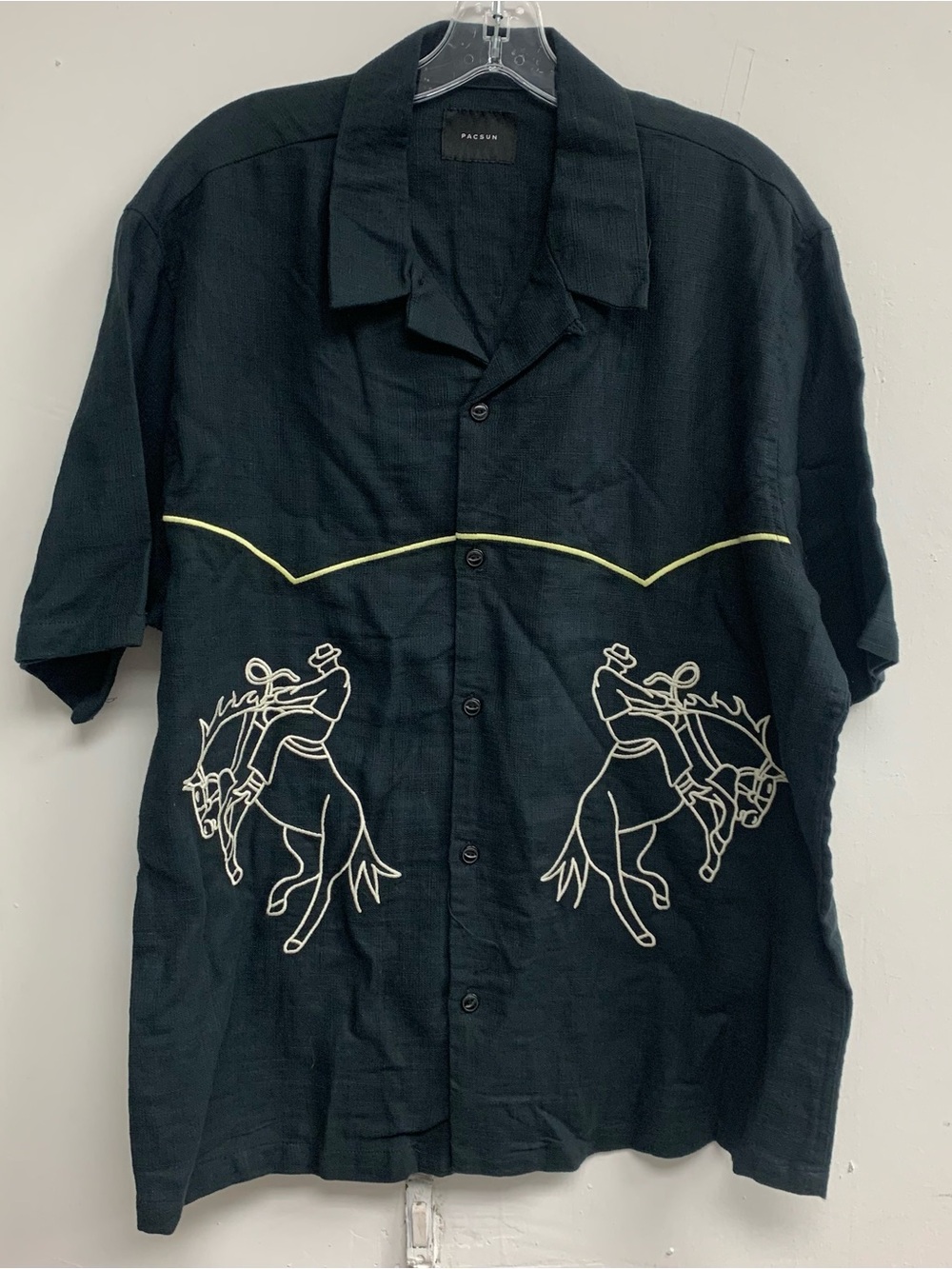 PacSun Black Short Sleeve Western Embroidered Shirt with Cream Motif